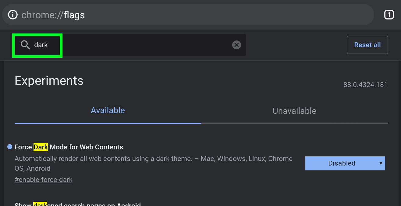 how to turn on Chrome dark mode - search