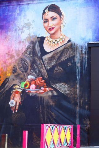 Rekha mural infront of brightly painted fence