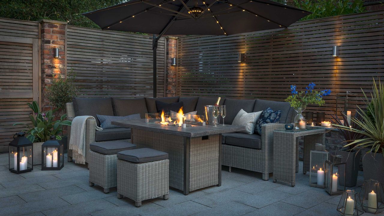 patio heater ideas: kettler fire pit table on patio