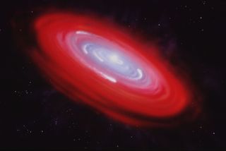 Gaps in the disk of dust surrounding the star Beta Pictoris, as shown in this artist's illustration, could have formed by a growing planet, or could have been created by the presence of gas in the system.