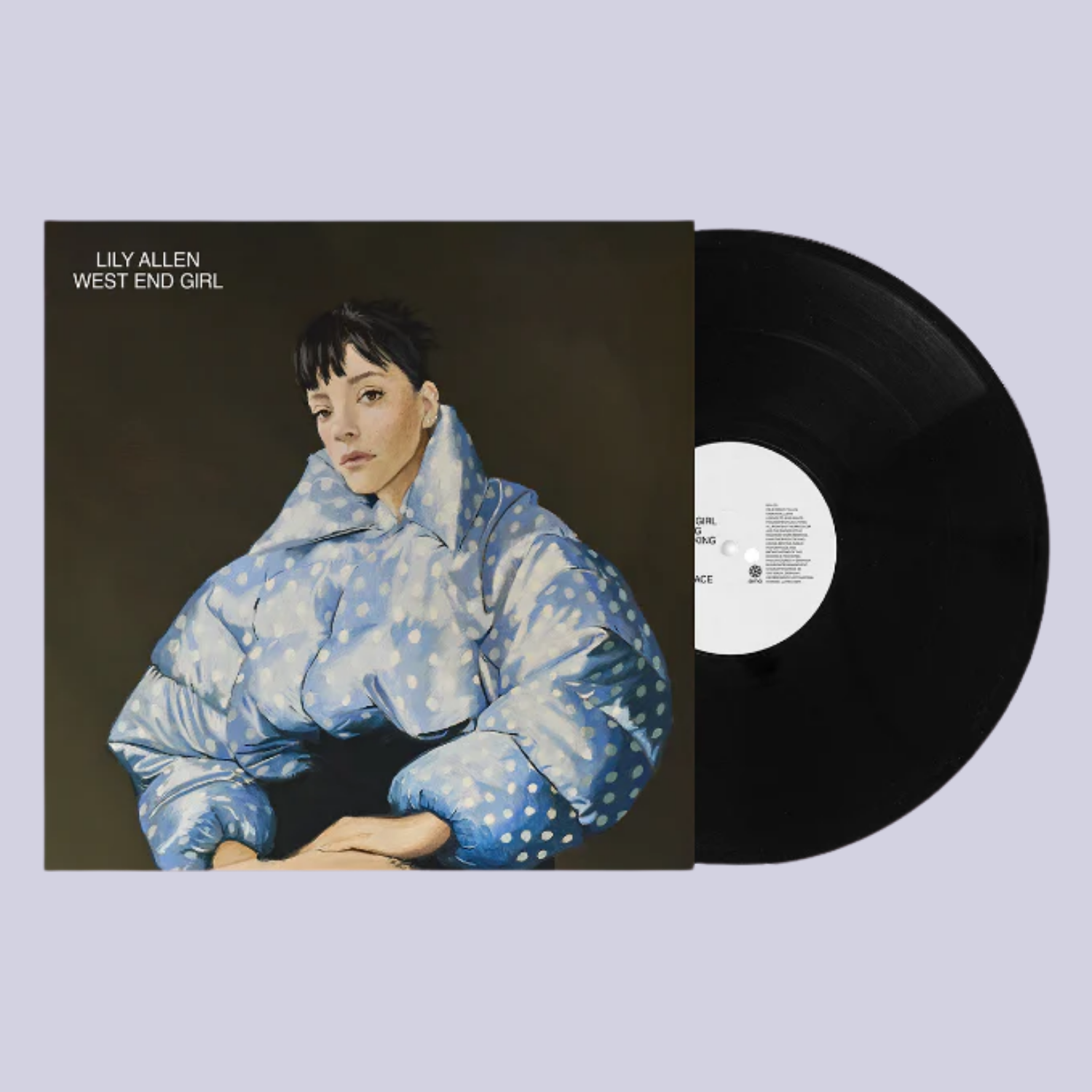 A vinyl sleeve with a painting of a woman in a polka dot blue and white puffer