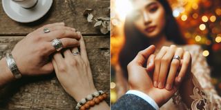 AI generated image comparison showing complex hand recreation. Left image created by Imagen 2 shows crisp photorealistic image of hands holding one another with jewelry, right image made by Dall.E 3 shows a man's hand holding an Asian woman's hand but the image is overly smoothed and softened with heavy bokeh.