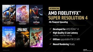 A slide from an AMD presentation showing the highlights of AMD FSR 4 next to some images of supported games.