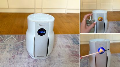 Shark BreatheClear with NeverChange6 Air Purifier on a rug, with images of perfume being sprayed in front of it and a match being lit and burnt in front of it too