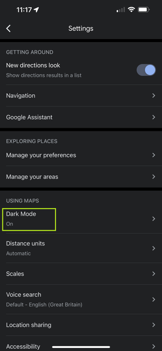 Google Maps settings menu with dark mode highlighted