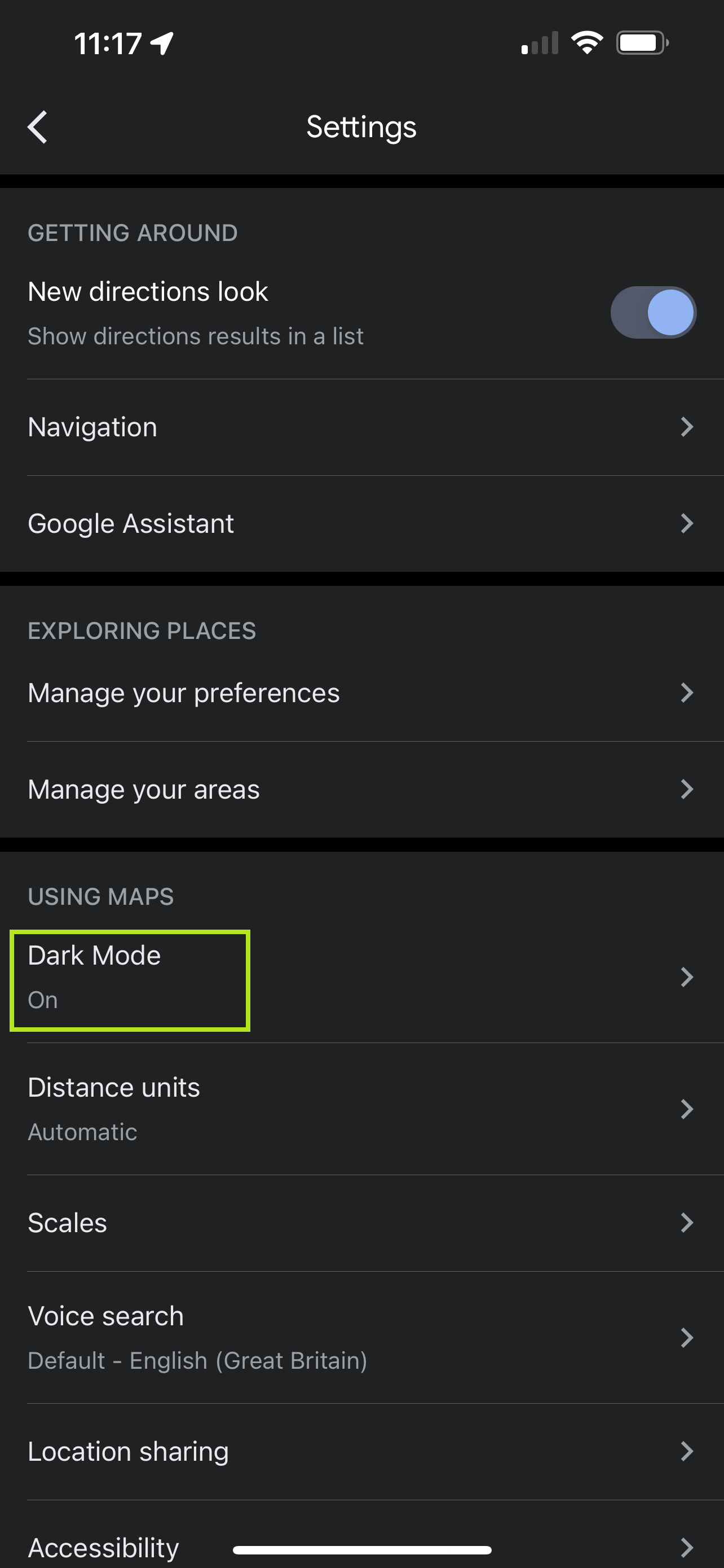 Меню настроек Google Maps с выделенным темным режимом