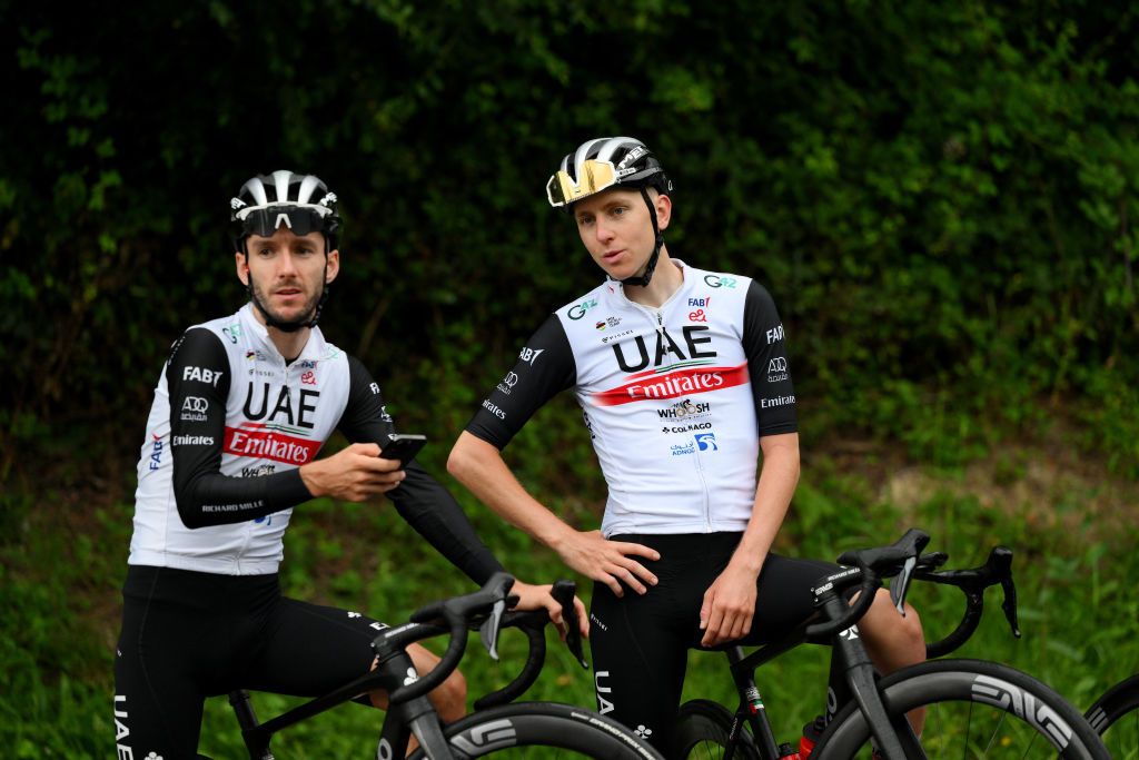 BILBAO SPAIN JUNE 29 LR Adam Yates of United Kingdom and Tadej Pogacar of Slovenia and UAE Team Emirates during the UAE Team Emirates training ahead of the 110th Tour de France 2023 UCIWT on June 29 2023 in Bilbao Spain Photo by David RamosGetty Images