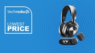 The SteelSeries Arctis Nova Pro Wireless gaming headset on a blue background with text saying Lowest Price next to it.