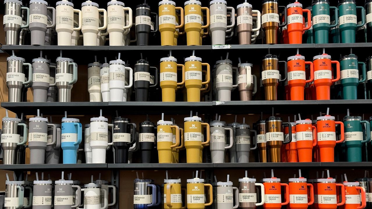 Stanley tumblers are displayed on a shelf at a Dick&#039;s Sporting Goods store on February 02, 2024 in Daly City, California