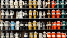 Stanley tumblers are displayed on a shelf at a Dick's Sporting Goods store on February 02, 2024 in Daly City, California