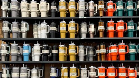 Stanley tumblers are displayed on a shelf at a Dick's Sporting Goods store on February 02, 2024 in Daly City, California