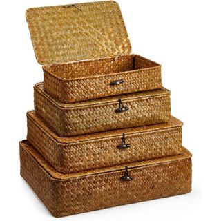 Didaey Set of 4 Seagrass Basket with Lid Wicker Storage Basket Decorative Storage Boxes with Lids