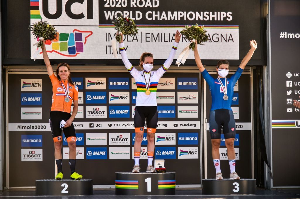 The women's podium in Imola with Annemiek van Vleuten (Netherlands), Anna van der Breggen (Netherlands), and Elisa Longo Borghini (Italy)