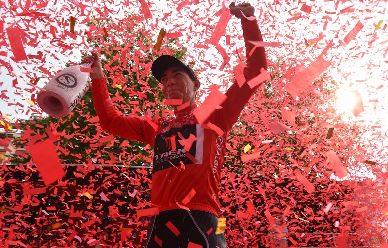 Giacomo Nizzolo (Trek) surrounded by red confetti