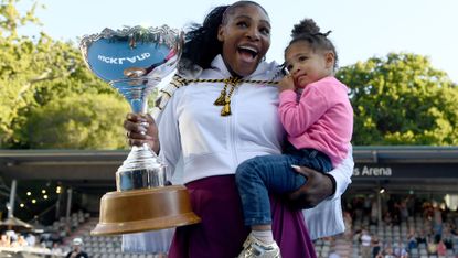 auckland, new zealand january 12 serena williams of the usa celebrates with daughter alexis olympia after winning the final match against jessica pegula of usa at asb tennis centre on january 12, 2020 in auckland, new zealand photo by hannah petersgetty images