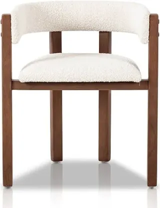 White boucle chair with wooden frame