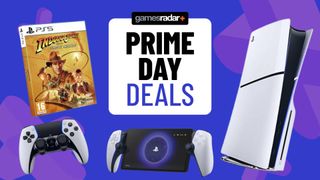 Official product images of the PS Portal, Dualsense Edge controller, PS5 Slim, and box art for Indiana Jones and the Great Circle on a blue GamesRadar+ background.