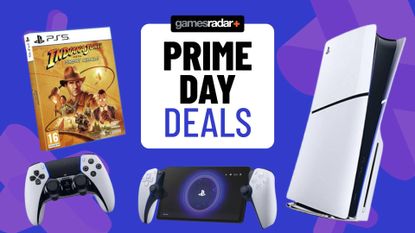 Official product images of the PS Portal, Dualsense Edge controller, PS5 Slim, and box art for Indiana Jones and the Great Circle on a blue GamesRadar+ background.