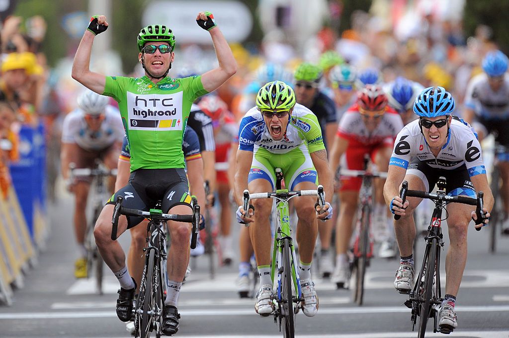Cycling : 98th Tour de France 2011 / Stage 15
Arrival / CAVENDISH Mark (GBR) Green Jersey / Celebration Joie Vreugde/ Tyler FARRAR (Usa)/ Daniel OSS (Ita)/
Limoux - Montpellier (193Km)/
Ronde van Frankrijk / TDF / Etape Rit /(c) Tim De Waele