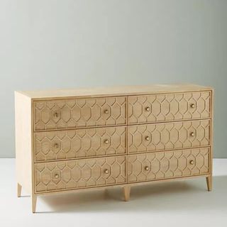Textured Trellis Six-Drawer Dresser against a gray background.