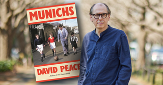 Author David Peace next to a super-imposed image of his new book Munichs