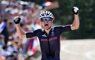 ELANCOURT FRANCE JULY 29 EDITORS NOTE Alternate crop Thomas Pidcock of Team Great Britain celebrates at finish line as gold medal winner during the Mens CrossCountry on day three of the Olympic Games Paris 2024 at Elancourt Hill on July 29 2024 in Elancourt France Photo by Alex BroadwayGetty Images