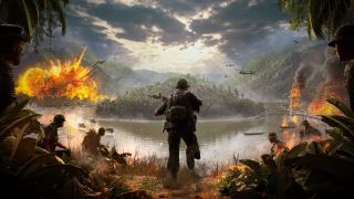 A soldier runs into a river in a video game based in the Vietnam war