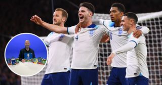 Inset picture of Alan Shearer holding the official Topps Euro 2024 sticker album Jude Bellingham of England (2R) celebrates with teammates Harry Kane, Declan Rice and Phil Foden after scoring the team's second goal during the 150th Anniversary Heritage Match between Scotland and England at Hampden Park on September 12, 2023 in Glasgow, Scotland