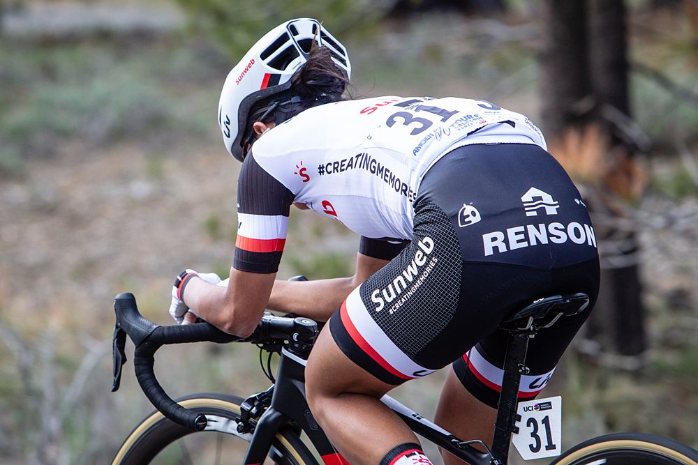 Coryn Rivera of The United States and Team Sunweb tries to get aero while riding in todays break during stage 2 of the Amgen Tour of California Women's Race