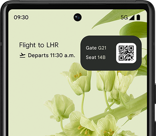 A render of the Pixel 6's display, showing a widget automatically displaying a ticket for an upcoming flight