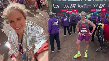 Sarah Campus at the finish line of the London Marathon in 2024, after learning how to run a marathon for beginners