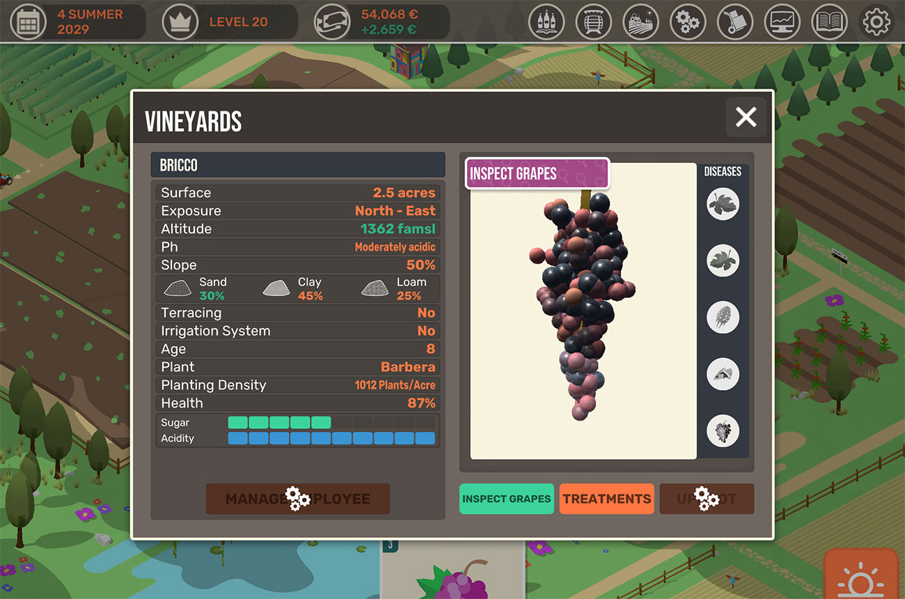Hundred Days winemaking game, screenshot of vineyard management