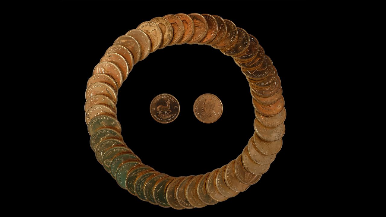 Each of the South African Krugerrand coins is made from solid gold.