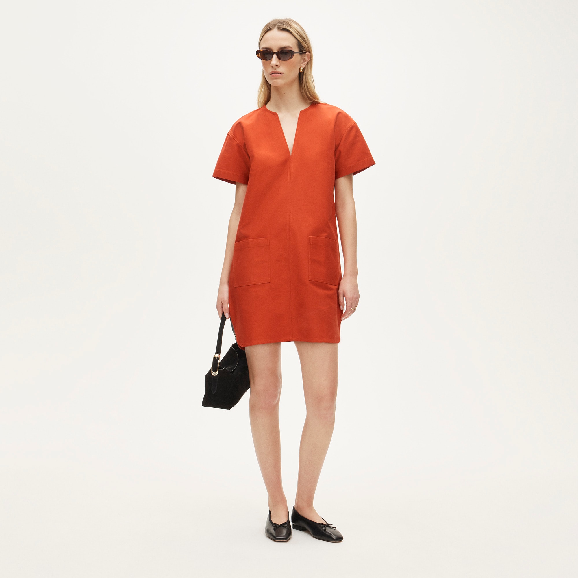 Patch-Pocket Pullover Dress in Structured Cotton Poplin