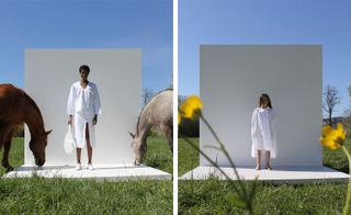 Left, a woman wearing a white gown standing on a white stage on green grass with horses grazing around it.Right, a girl wearing a white gown standing on a white stage on green grass with yellow flowers in front of it.