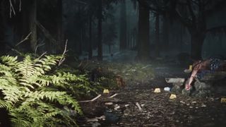 Alan Wake 2 crime scene in forest with corpse