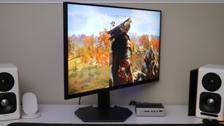 Dell S2721DGF gaming monitor angled running Assassin's Creed Valhalla