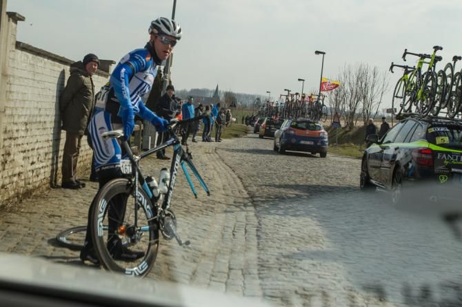 John Murphy (UnitedHealthcare) has an ill-timed flat on one of the cobble sections.