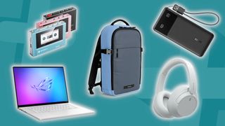 Laptop, backpack, headphones, charger and DAP on a blue background