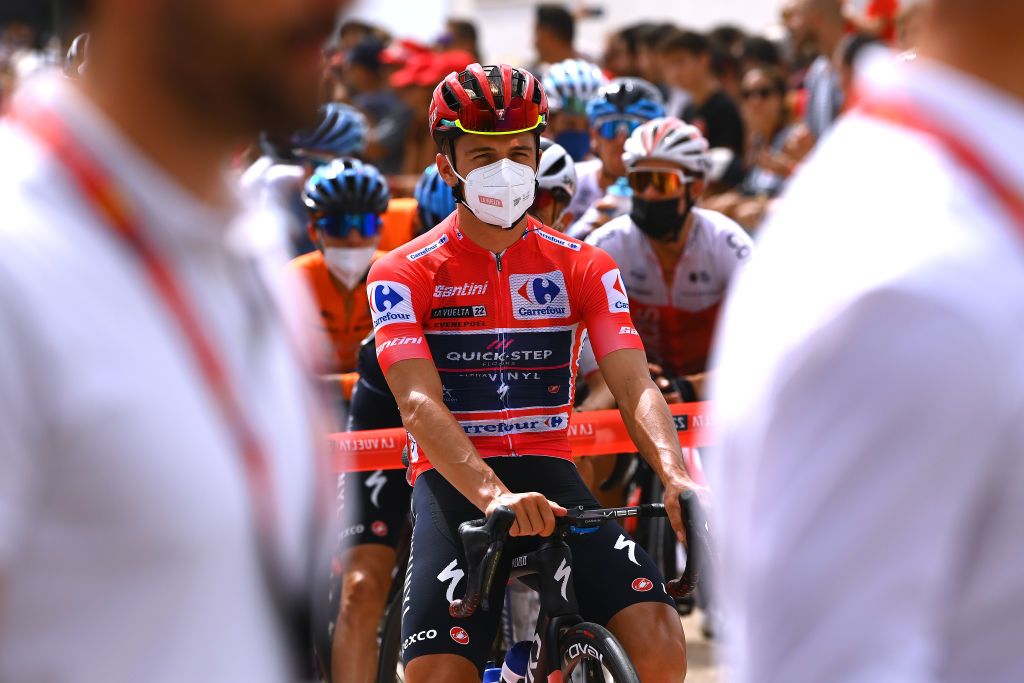 SALOBREA SPAIN SEPTEMBER 01 Remco Evenepoel of Belgium and Team QuickStep Alpha Vinyl Red Leader Jersey prior to the 77th Tour of Spain 2022 Stage 12 a 1927km stage from Salobrea Peas Blancas Estepona 1260m LaVuelta22 WorldTour on September 01 2022 in Salobrea Spain Photo by Tim de WaeleGetty Images