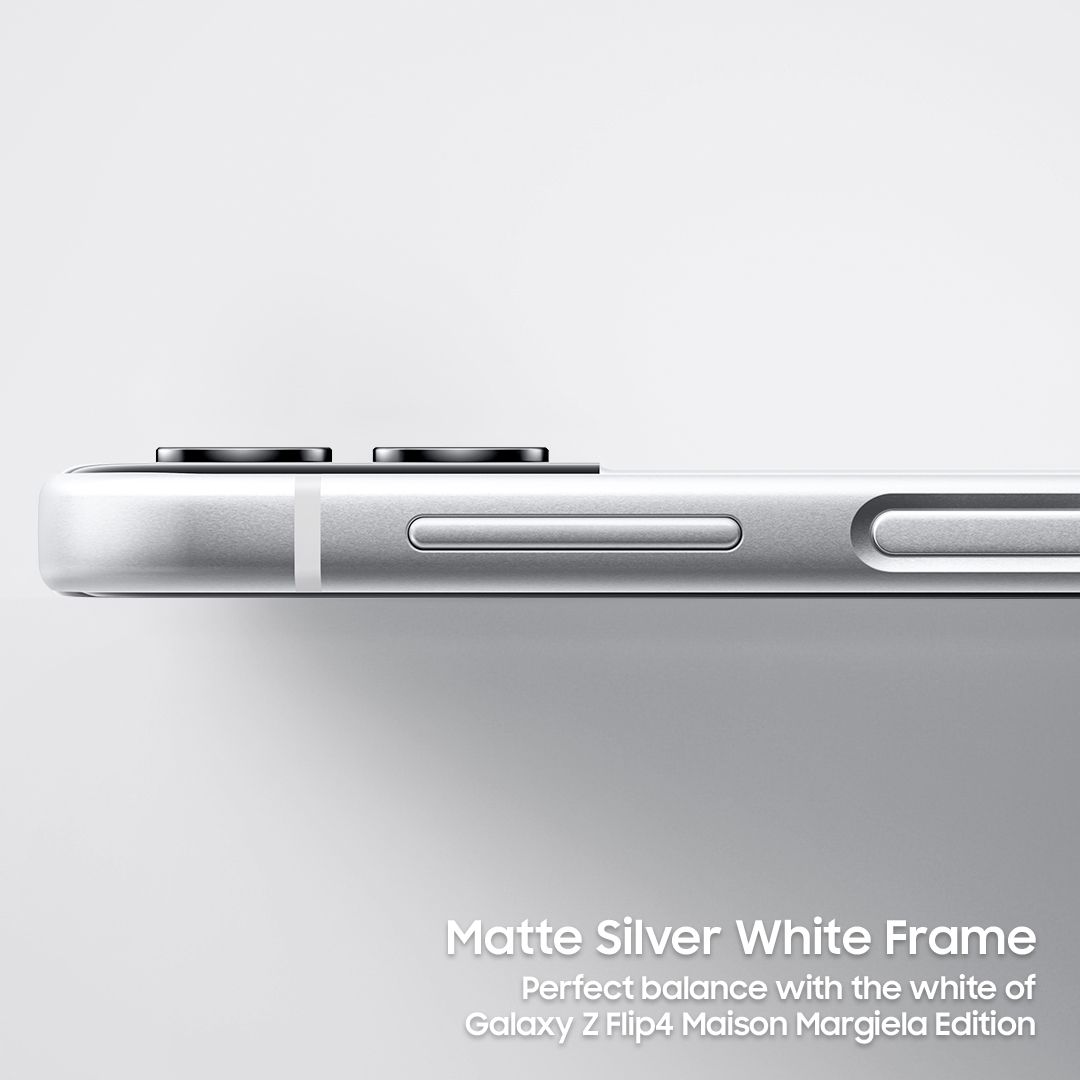 The matte silver frame of the Samsung x Masion Margiela Galaxy Z Flip 4 on a white background