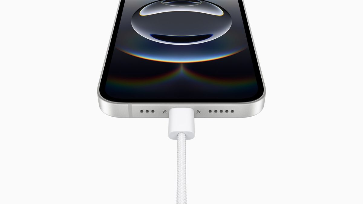 The iPhone 16e against a grey background.