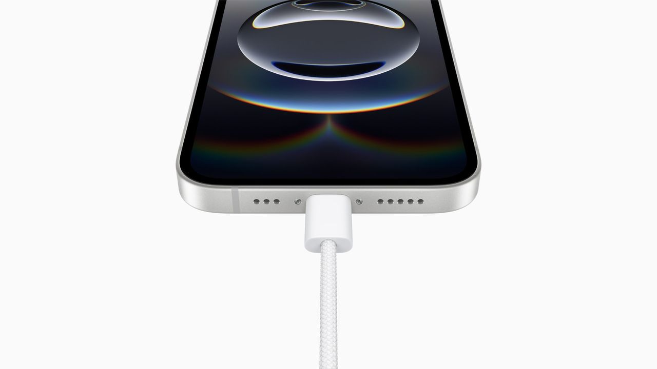 The iPhone 16e against a grey background.