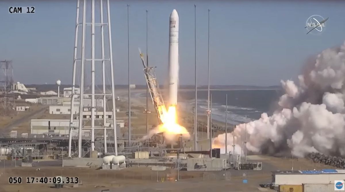 A Northrop Grumman Antares rocket carrying the uncrewed cargo ship Cygnus NG-17 lifts off from NASA's Wallops Flight Facility on Wallops Island, Virginia on Feb. 19, 2022 to deliver 8,300 pounds of supplies to the International Space Station.