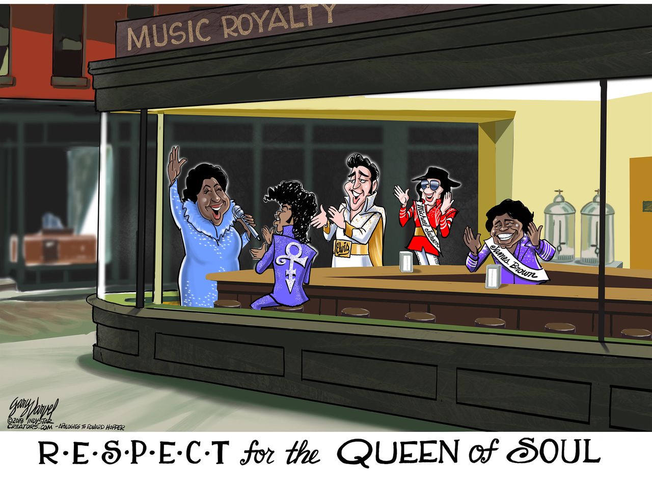 Editorial cartoon U.S. Aretha Franklin Prince Elvis James Brown Michael Jackson Edward Hopper diner&amp;amp;nbsp;