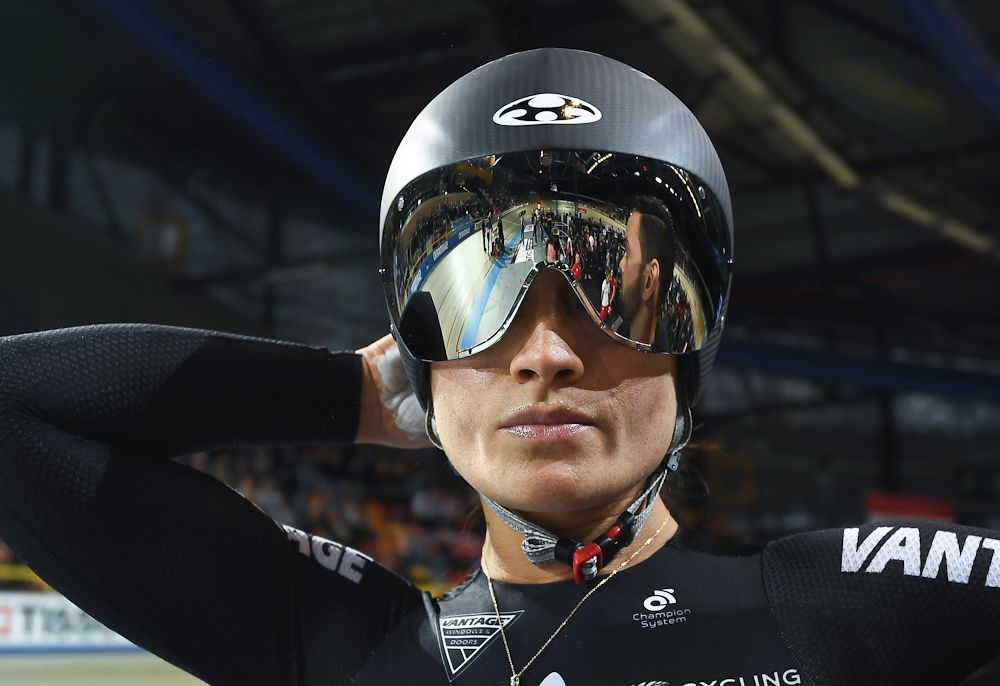 New Zealand's Natasha Hansen gets ready to take part in the Women's Team Sprint qualifying round during the UCI Track Cycling World Championships