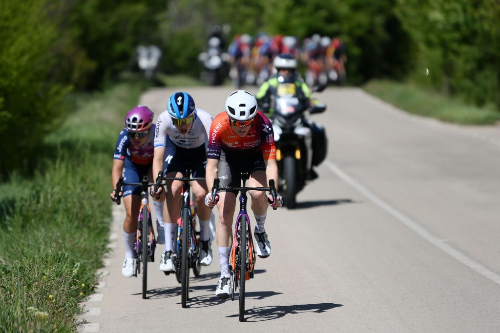 SIGUENZA SPAIN MAY 04 LR Silke Smulders of The Netherlands and Team Liv AlUla Jayco Mischa Bredewold of The Netherlands and Team SD Worx Protime and Lily Williams of The United States and Team Human Powered Health attacks in the breakaway during the 10th La Vuelta Femenina 2024 Stage 7 a 1386km stage from San Esteban de Gormaz to Siguenza 1030m UCIWT on May 04 2024 in Siguenza Spain Photo by Alex BroadwayGetty Images