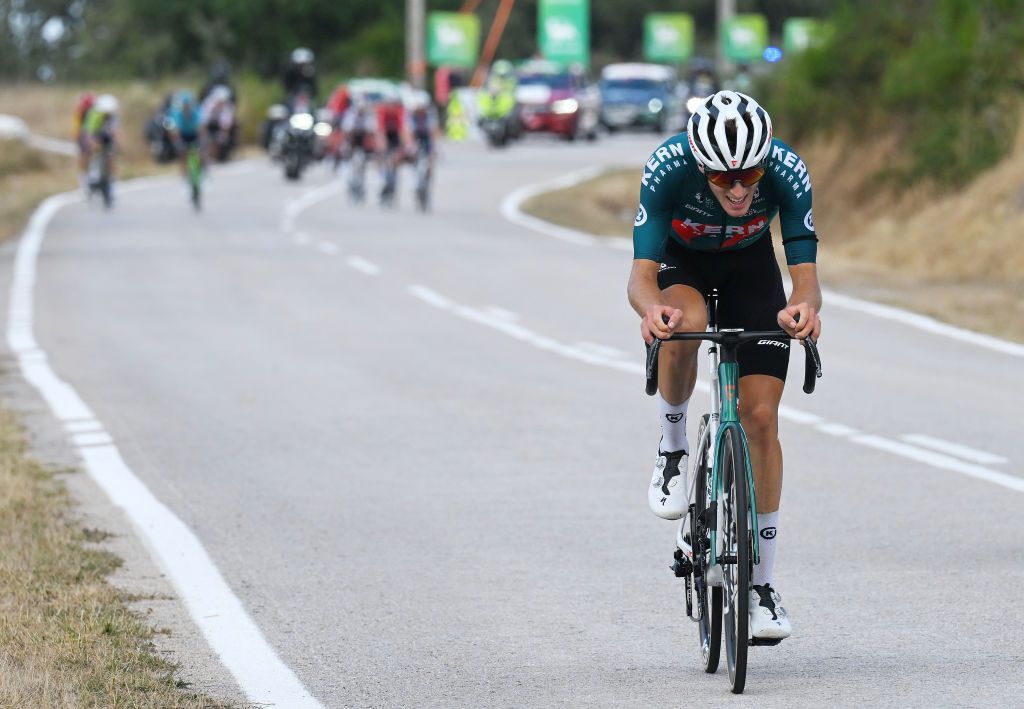 ESTACION DE MONTANA DE MANZANEDA OURENSE SPAIN AUGUST 29 Pablo Castrillo of Spain and Team Equipo Kern Pharma attacks in the breakaway during the La Vuelta 79th Tour of Spain 2024 Day 12 a 1375km stage from Ourense Termal to Estacion de Montana de Manzaneda 1491m UCIWT on August 29 2024 in Estacion de Montana de Manzaneda Spain Photo by Tim de WaeleGetty Images