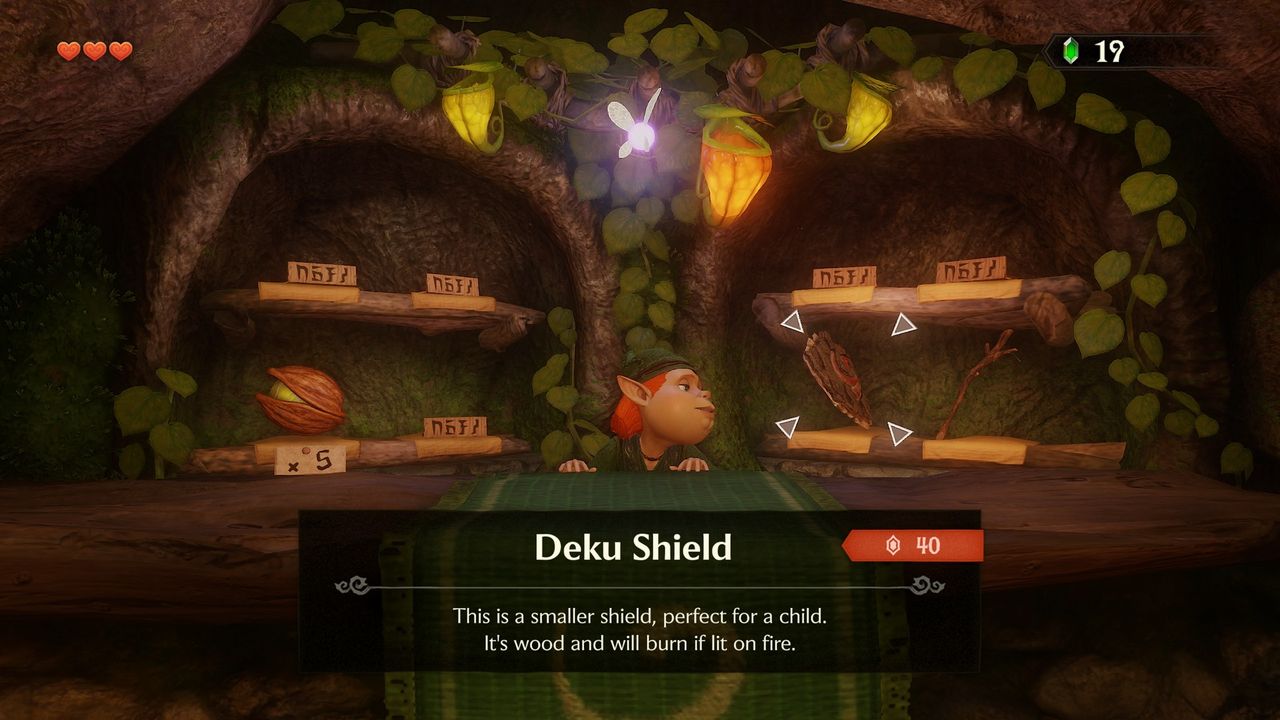 Link looks at the Deku Shield on the shop shelf in The Legend of Zelda: Ocarina of Time remake
