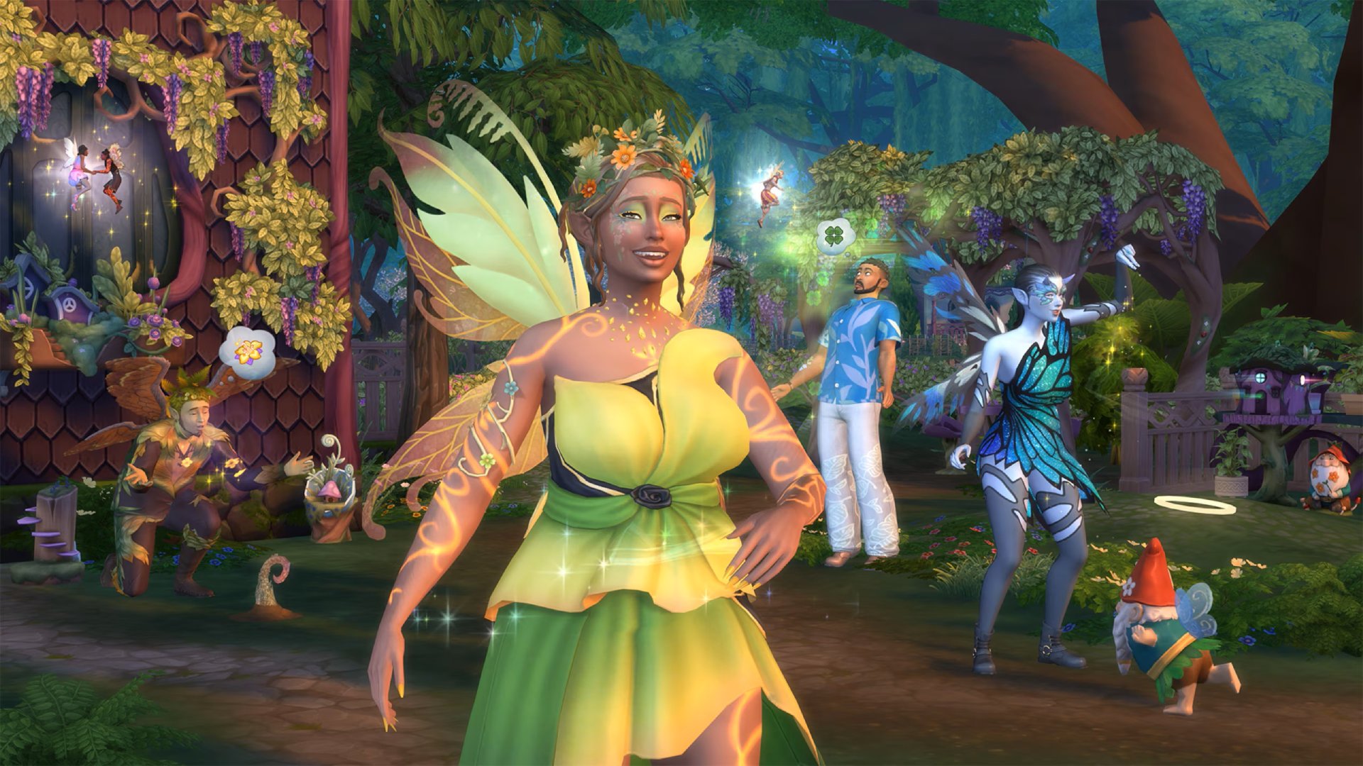 The Sims 4 screenshot of the Enchanted by Nature expansion pack which shows a fairy in a yellow outfit and other mythical creatures standing underneath trees